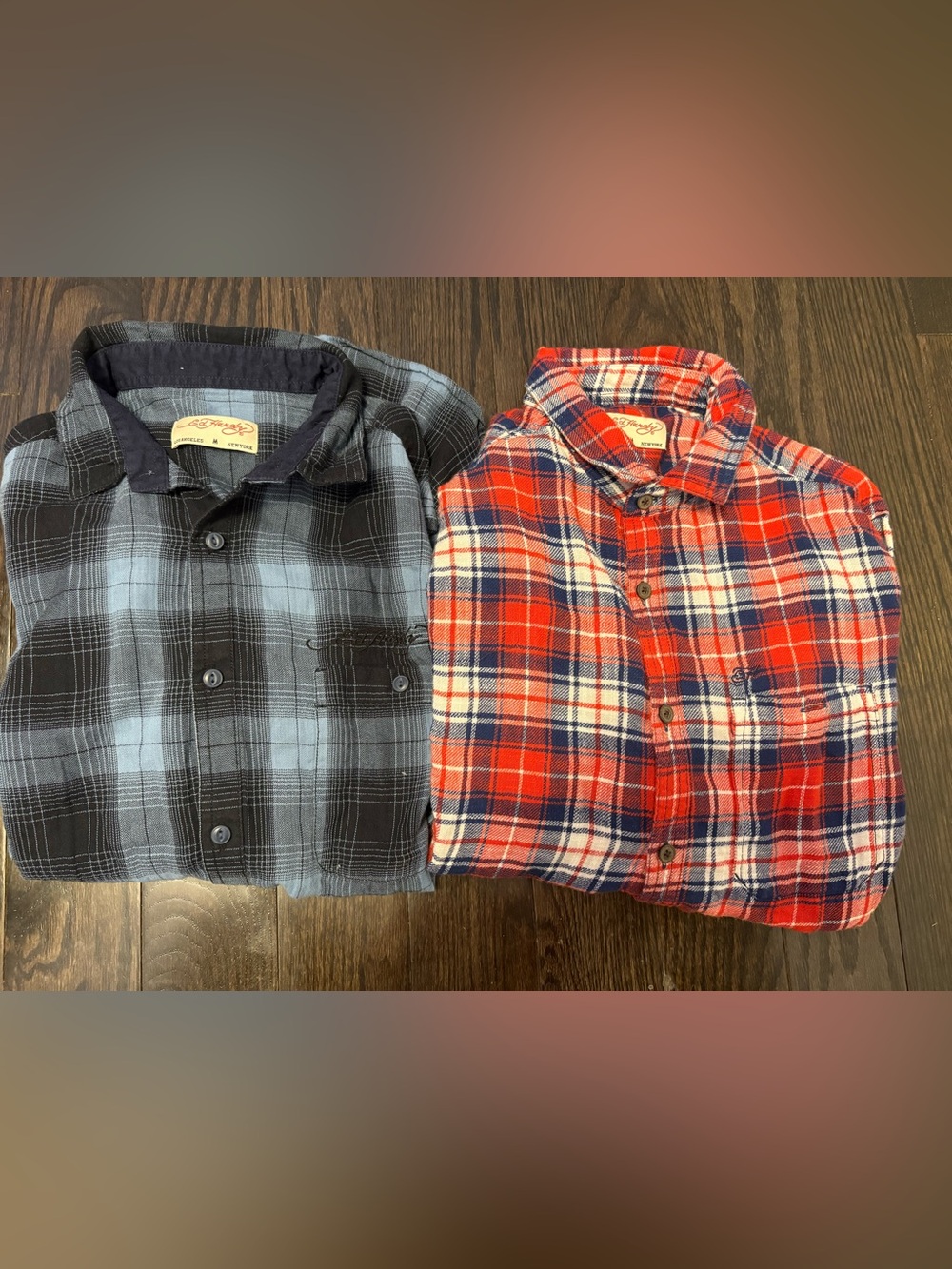 2x Ed Hardy Men’s Plaid Button-Down Shirts - Red/Navy and Gray/Black Medium